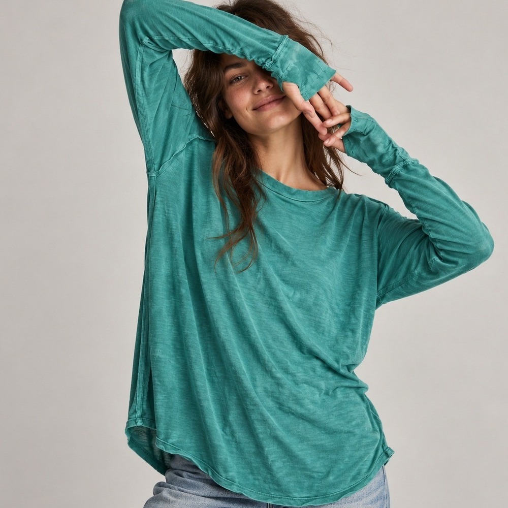 Free People Arden Oversized Slouch Tee Jade Green Long Sleeve Sz S